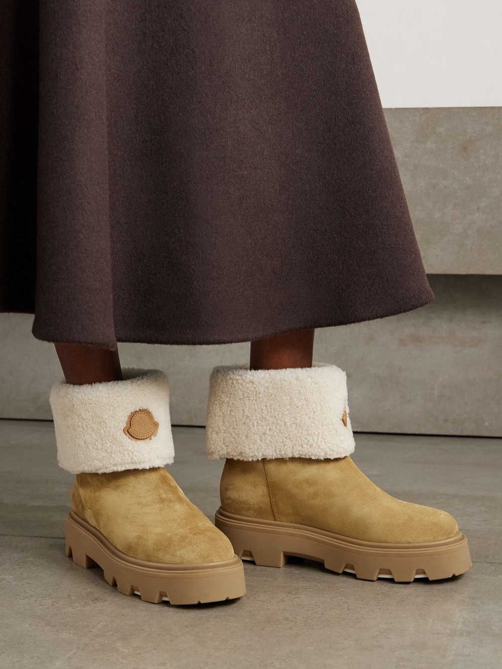Moncler Tan Suede Shearling-Cuff Lug Boots